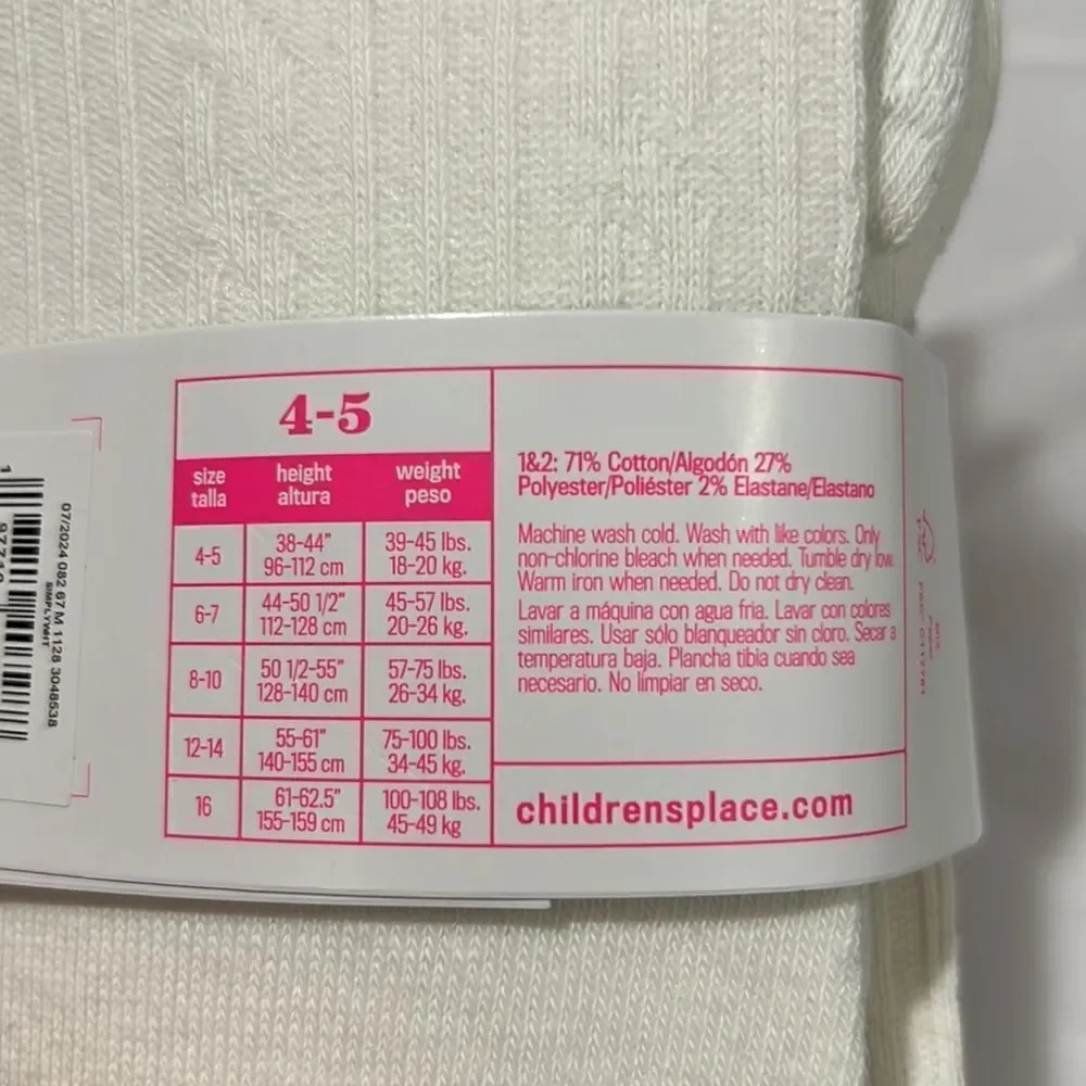 The Children's Place Girls Cable Knit Tights 2-Pack -simply white NWT size 4-5